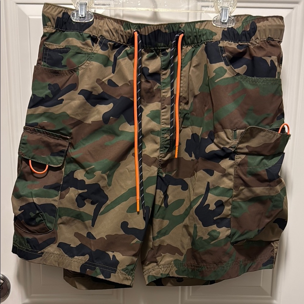 Men's Camouflage Cargo Shorts with Orange Accents